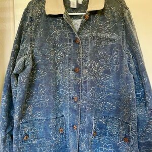 Coldwater Creek Blue Cream Jean Jacket with Sketch Print